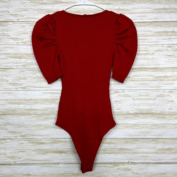 Lulus Looks For Days Bright Days Bright Red Puff Sleeve Bodysuit - Picture 8 of 8